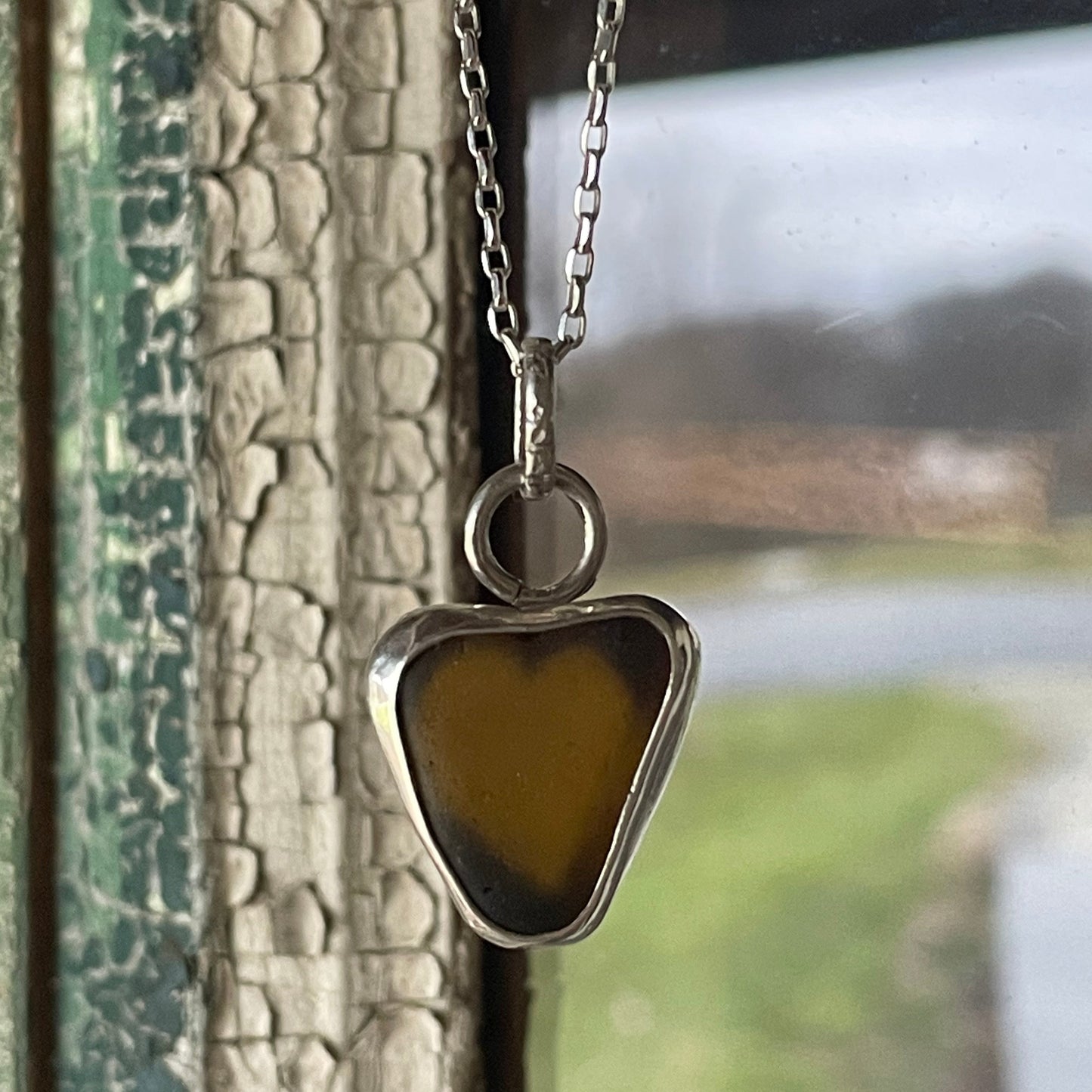 Honey Amber Sea Glass Heart Necklace