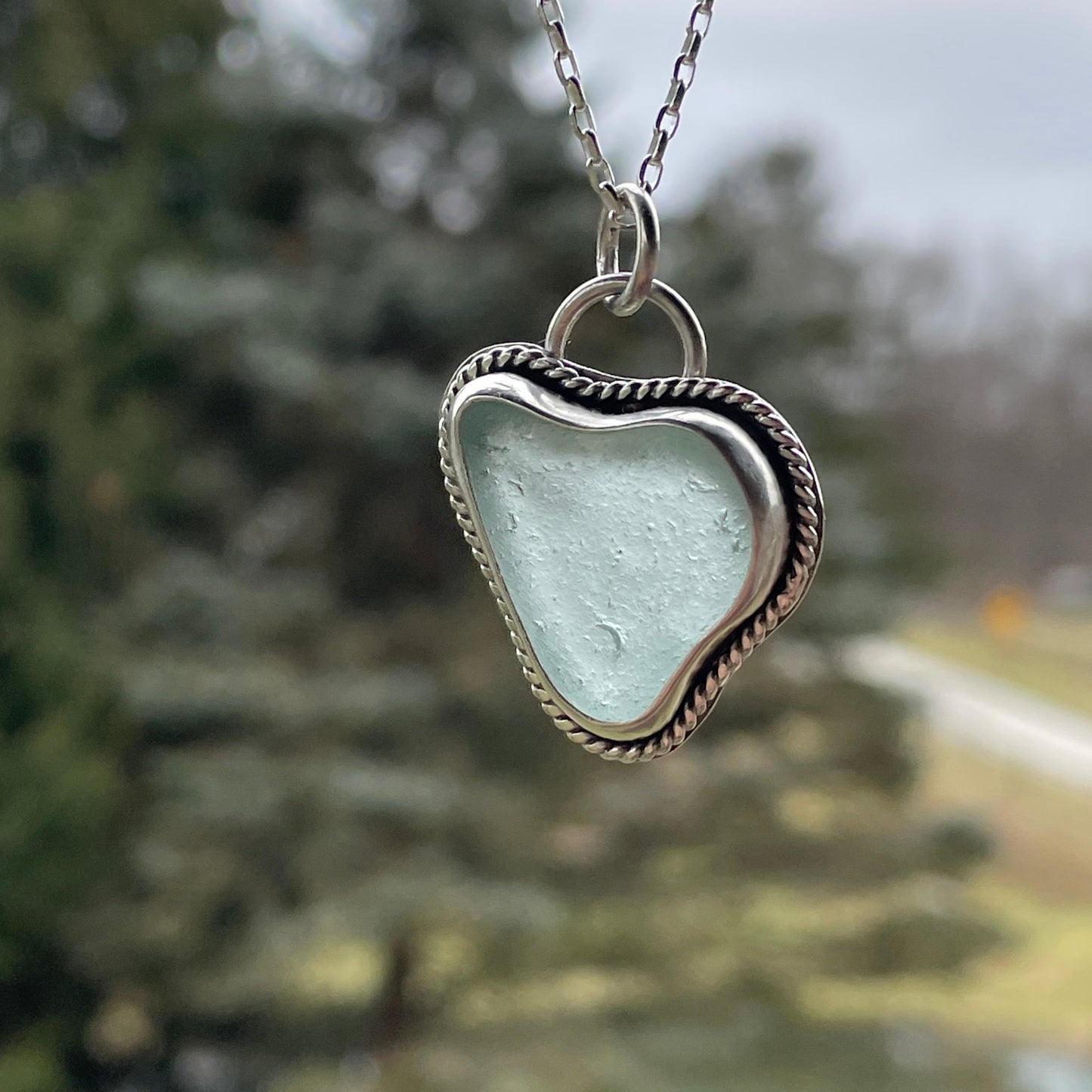 Pale Aquamarine Sea Glass Heart Necklace