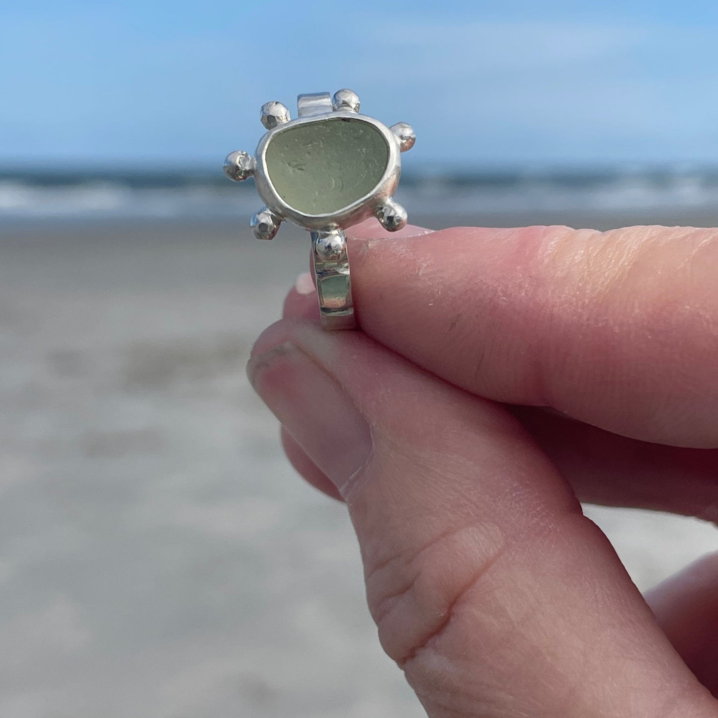 Soft UV Green Sea Glass Ring - Size 7.5