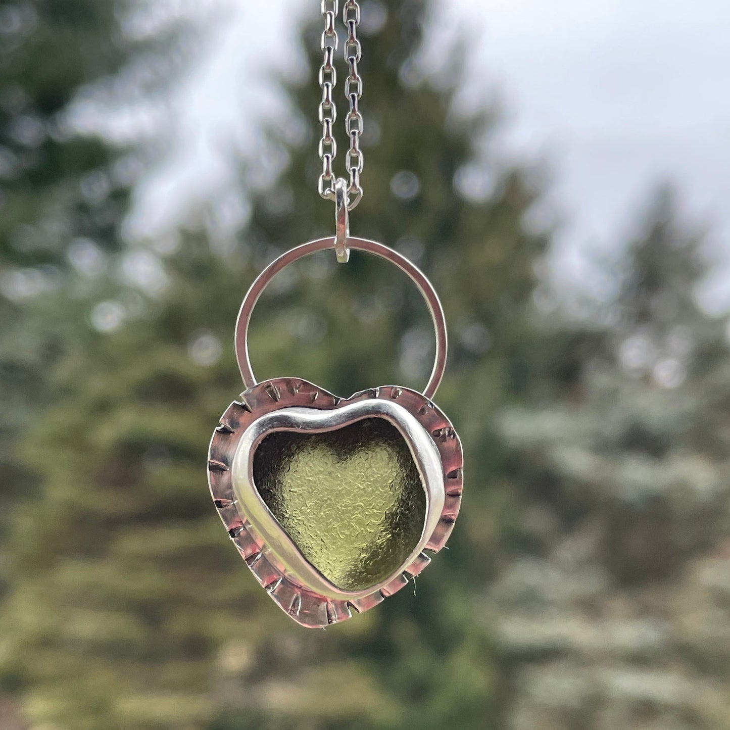 Olive Green Sea Glass Heart Necklace