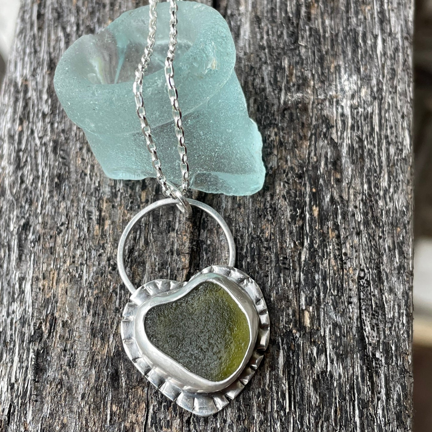 Olive Green Sea Glass Heart Necklace