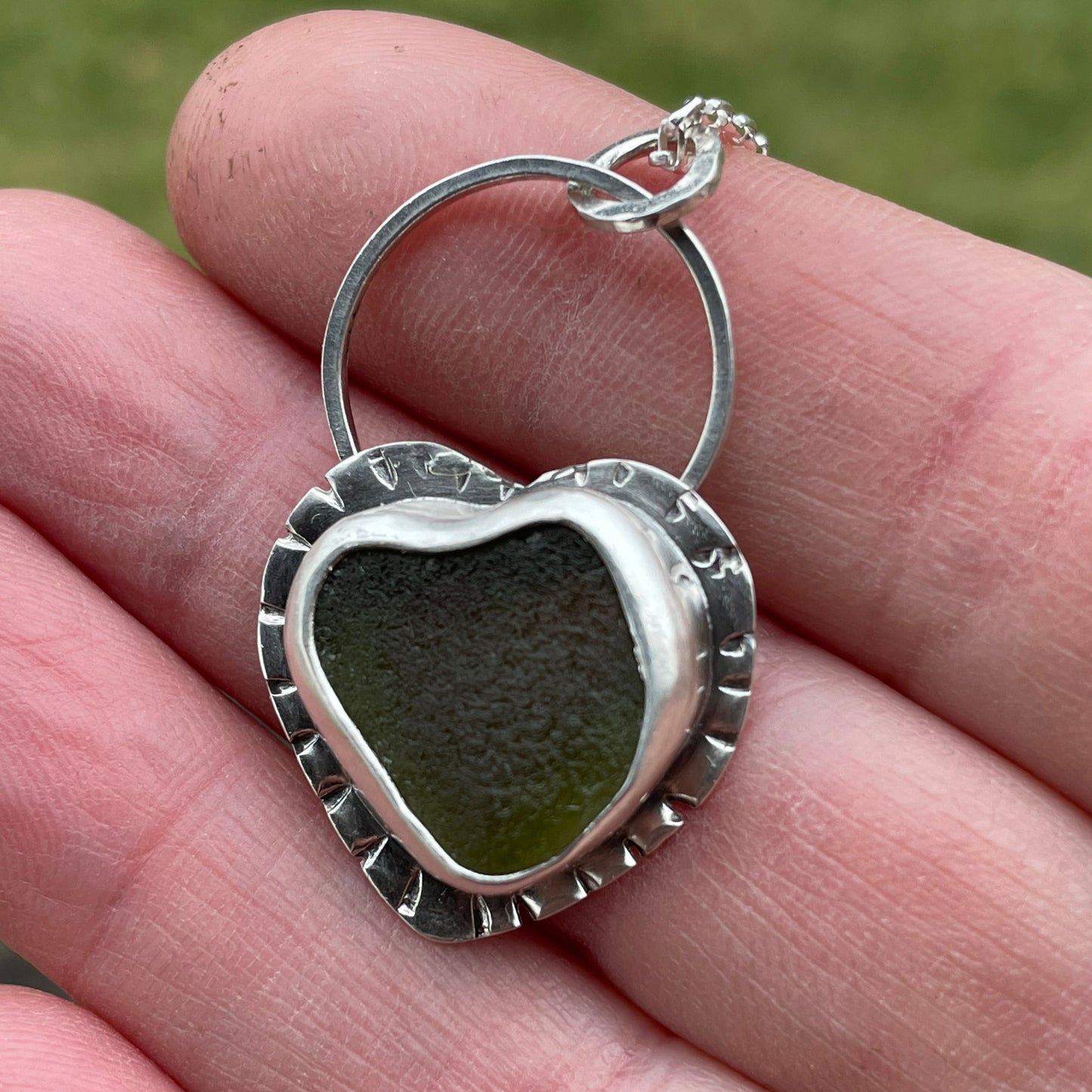 Olive Green Sea Glass Heart Necklace