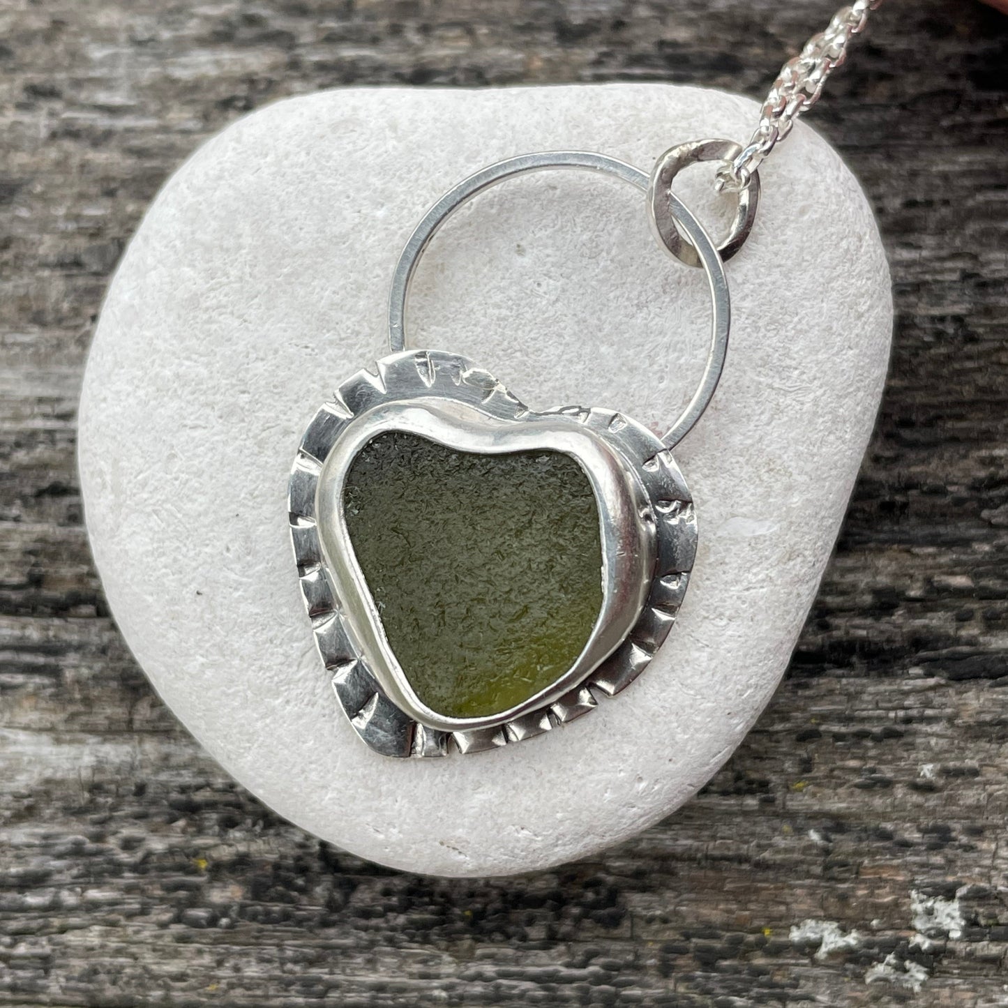 Olive Green Sea Glass Heart Necklace