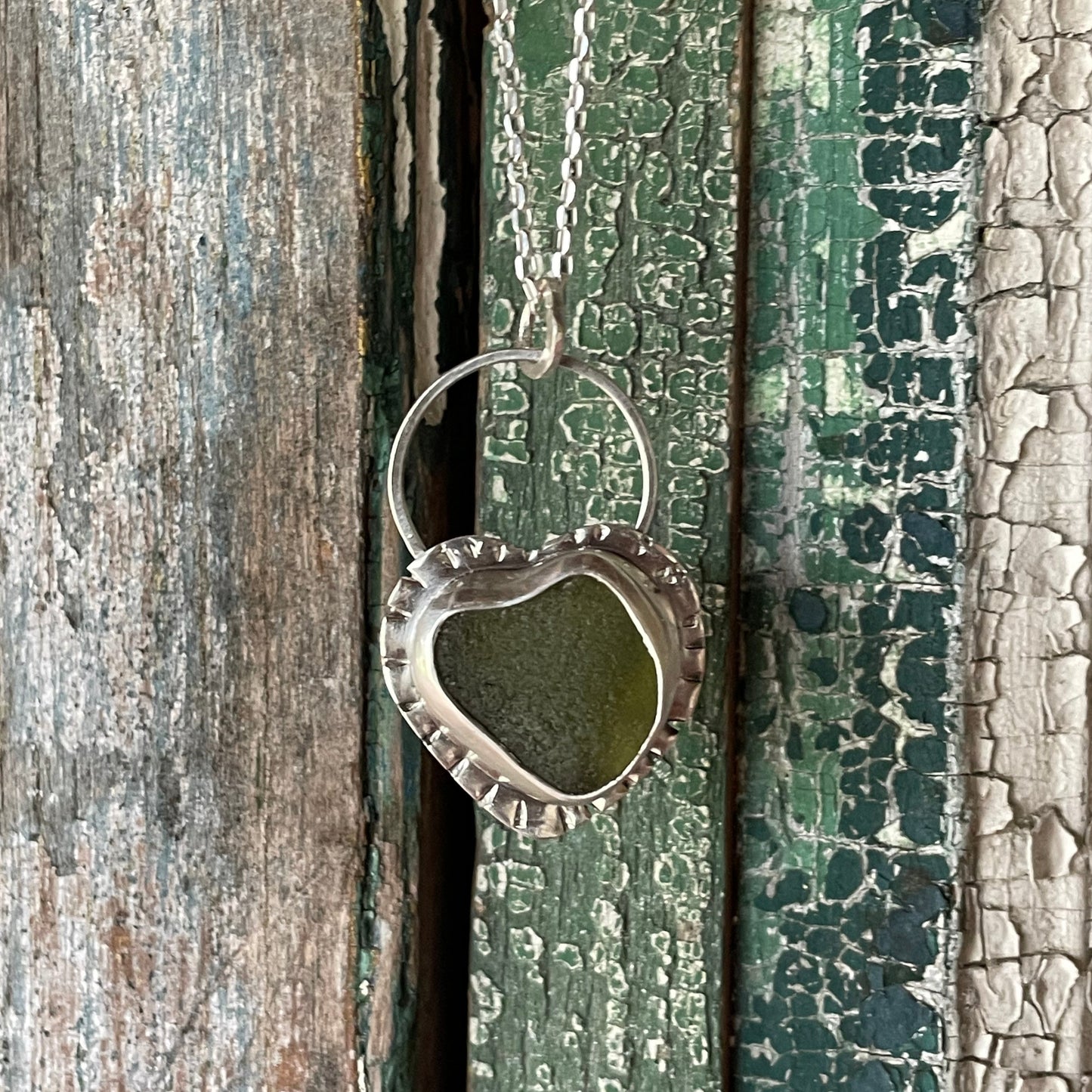 Olive Green Sea Glass Heart Necklace