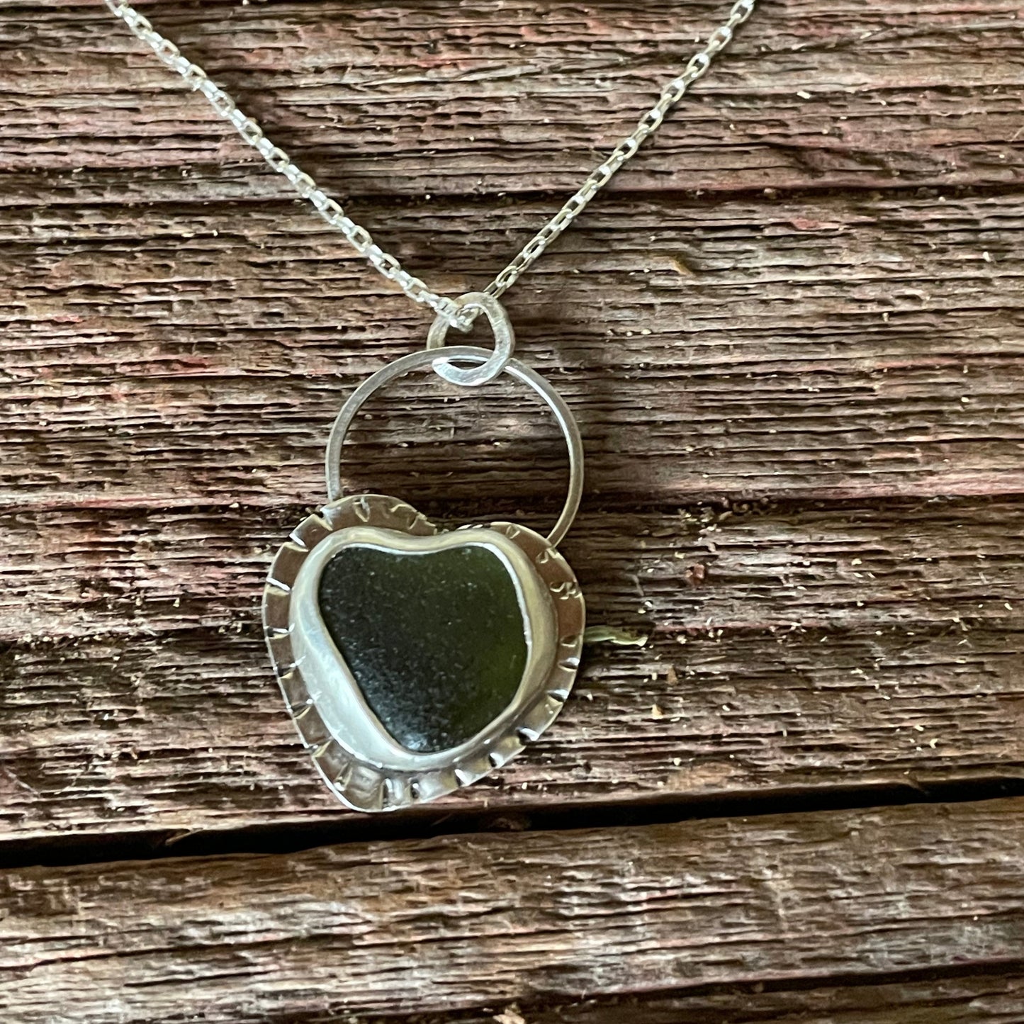 Olive Green Sea Glass Heart Necklace