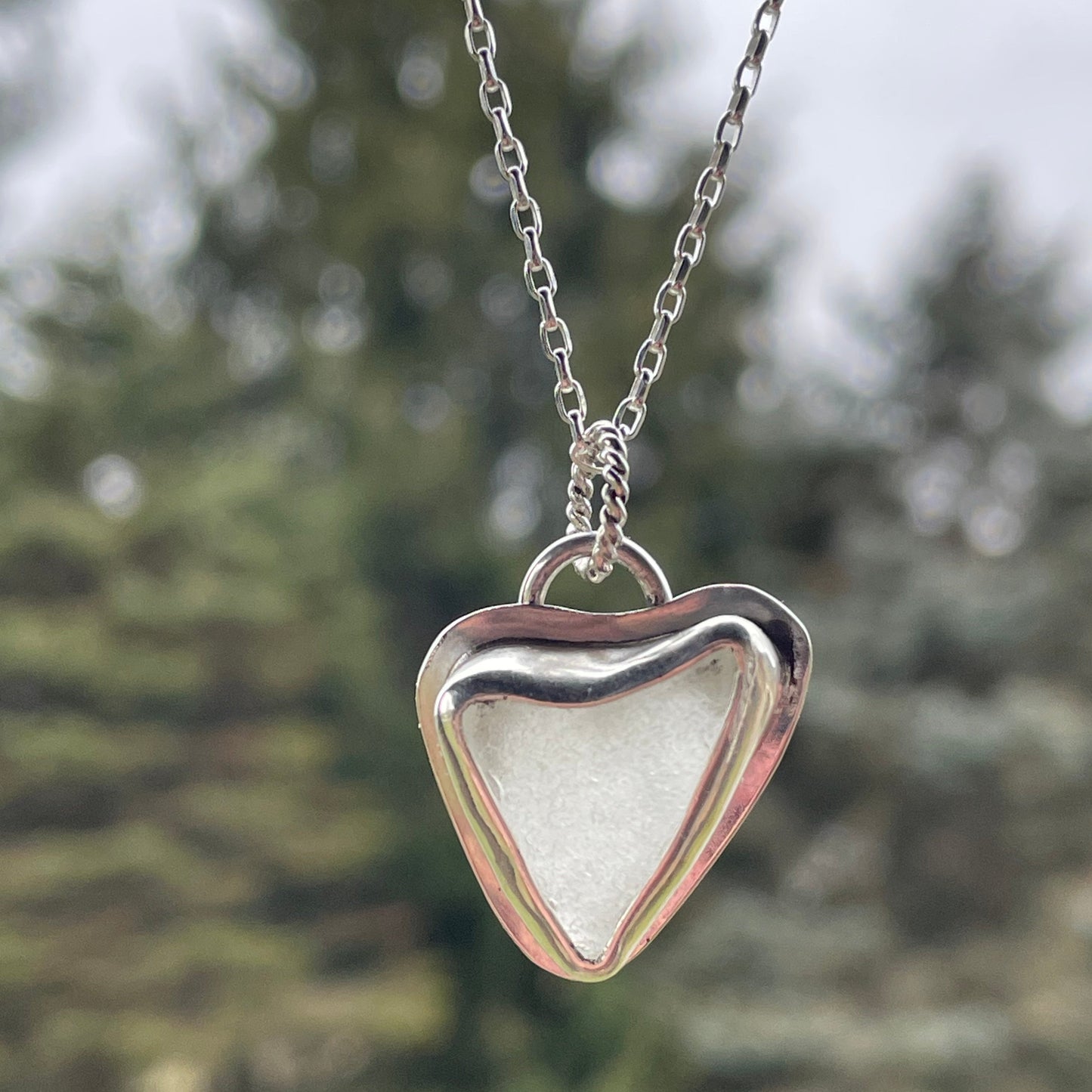 Frosty White Sea Glass Heart Necklace