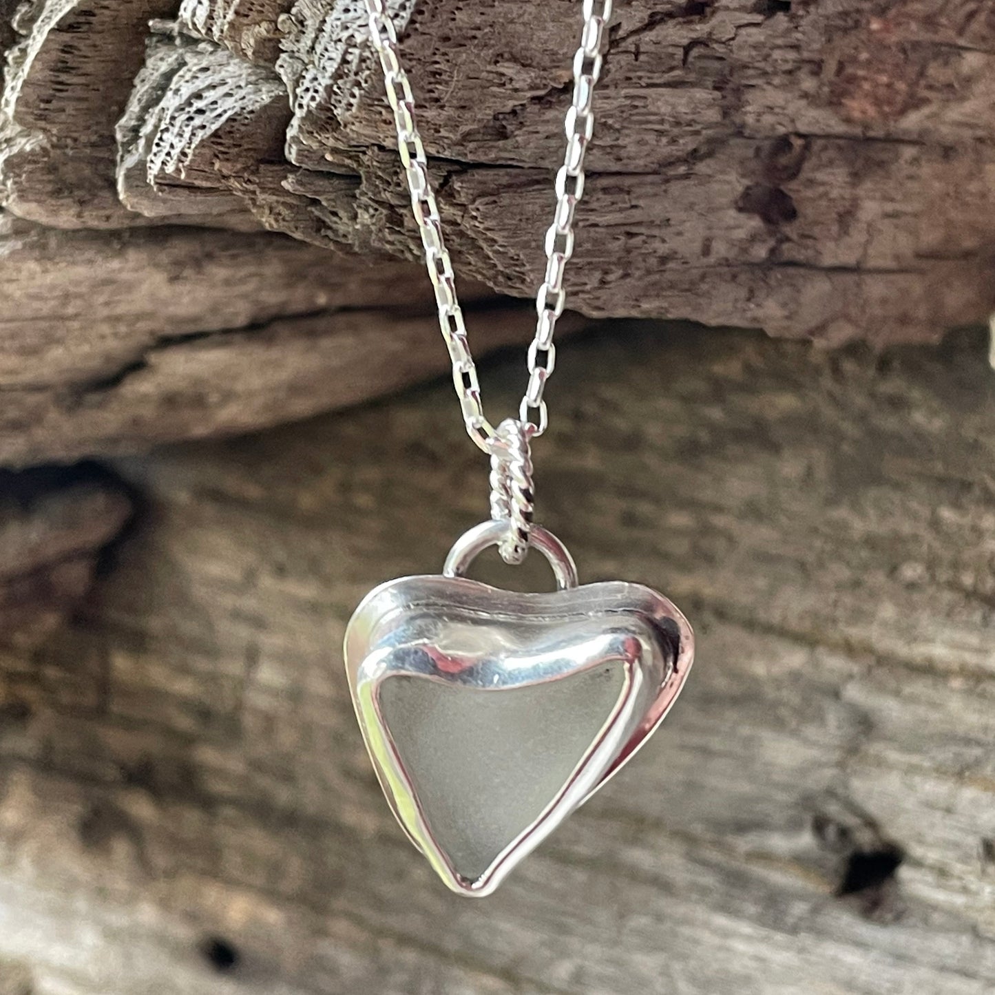 Frosty White Sea Glass Heart Necklace