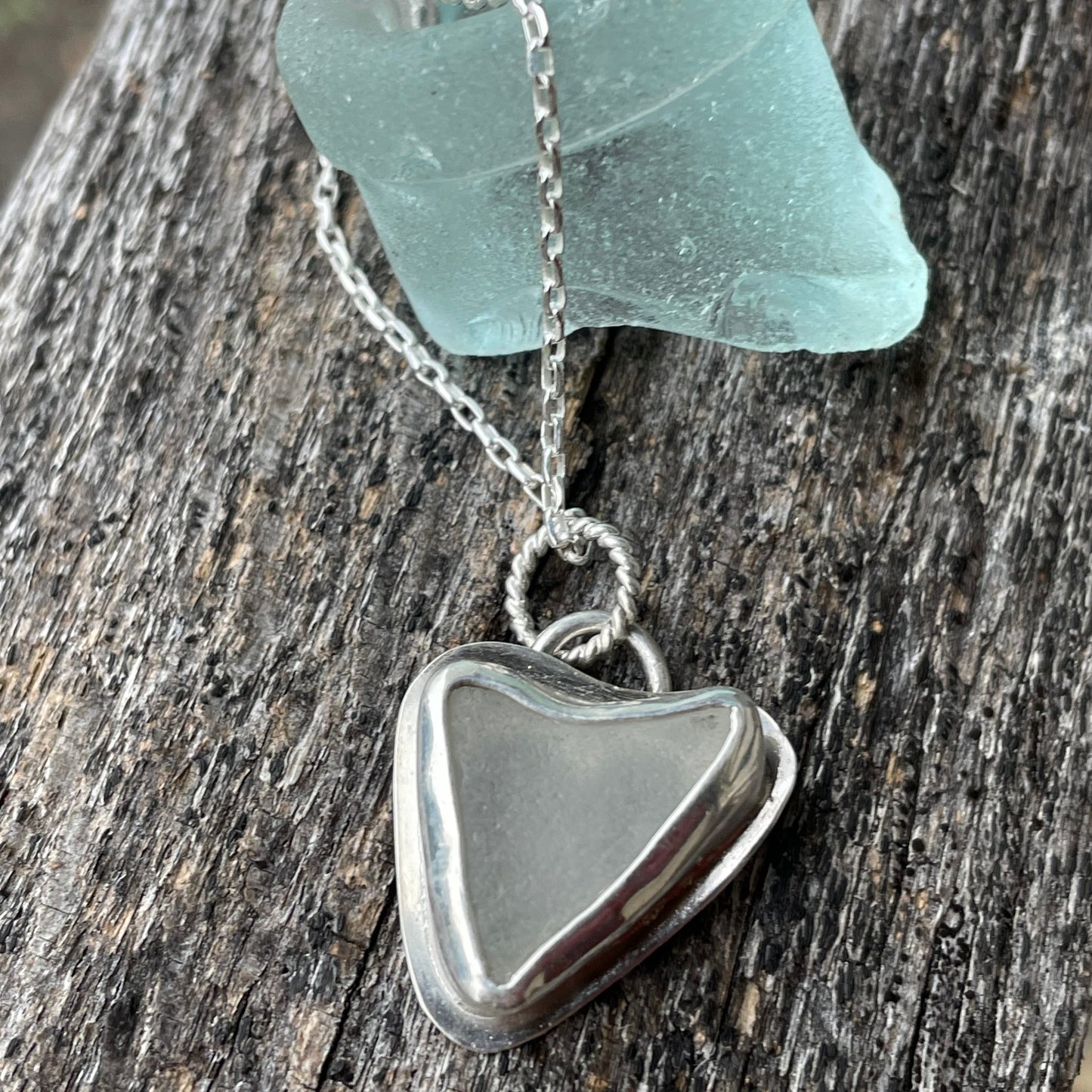 Frosty White Sea Glass Heart Necklace