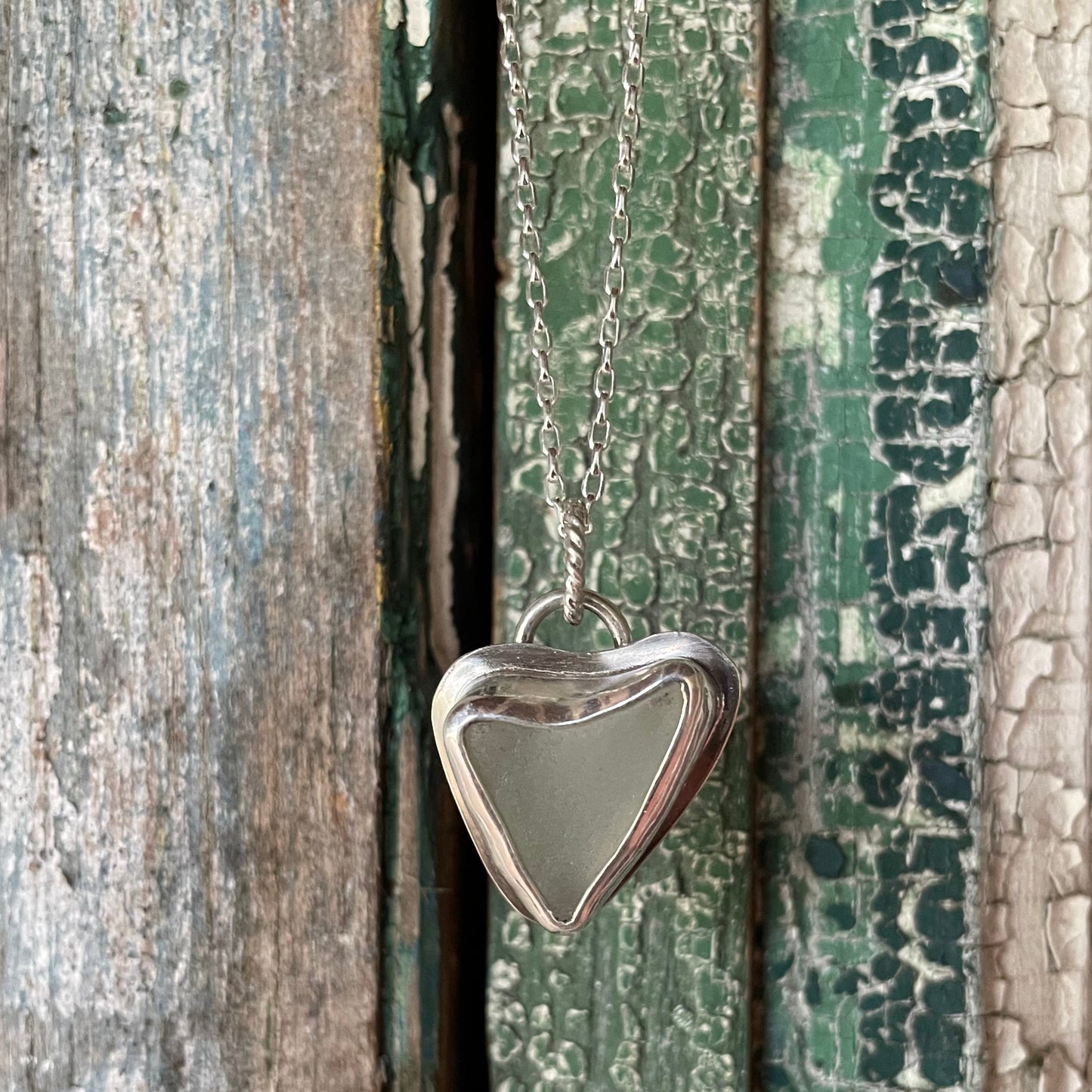 Frosty White Sea Glass Heart Necklace