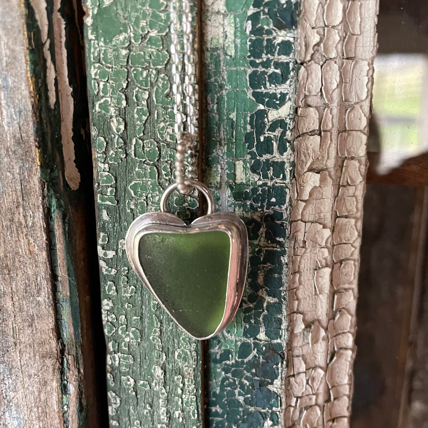 Moss Green Sea Glass Heart Necklace