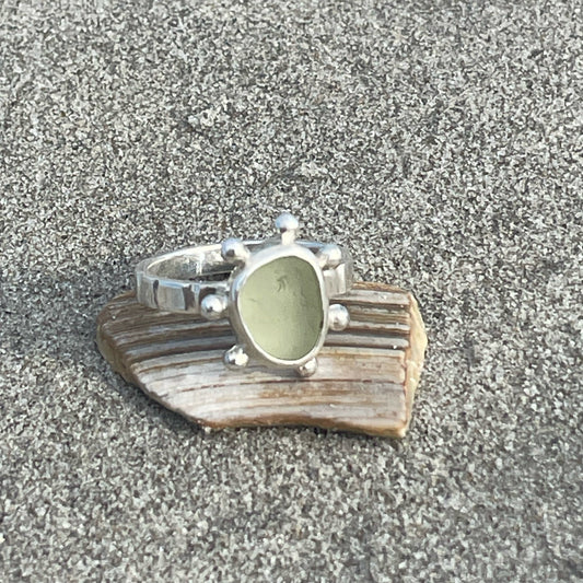 Soft UV Green Sea Glass Ring - Size 7.5