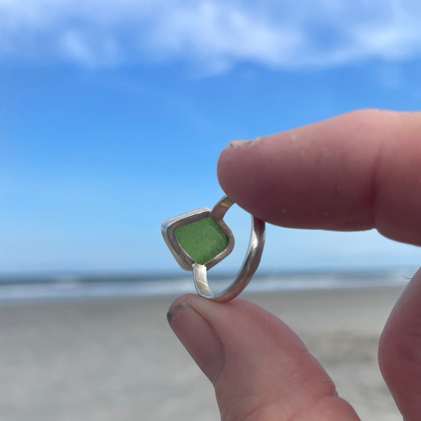Lime Green Sea Glass Ring - Size 6