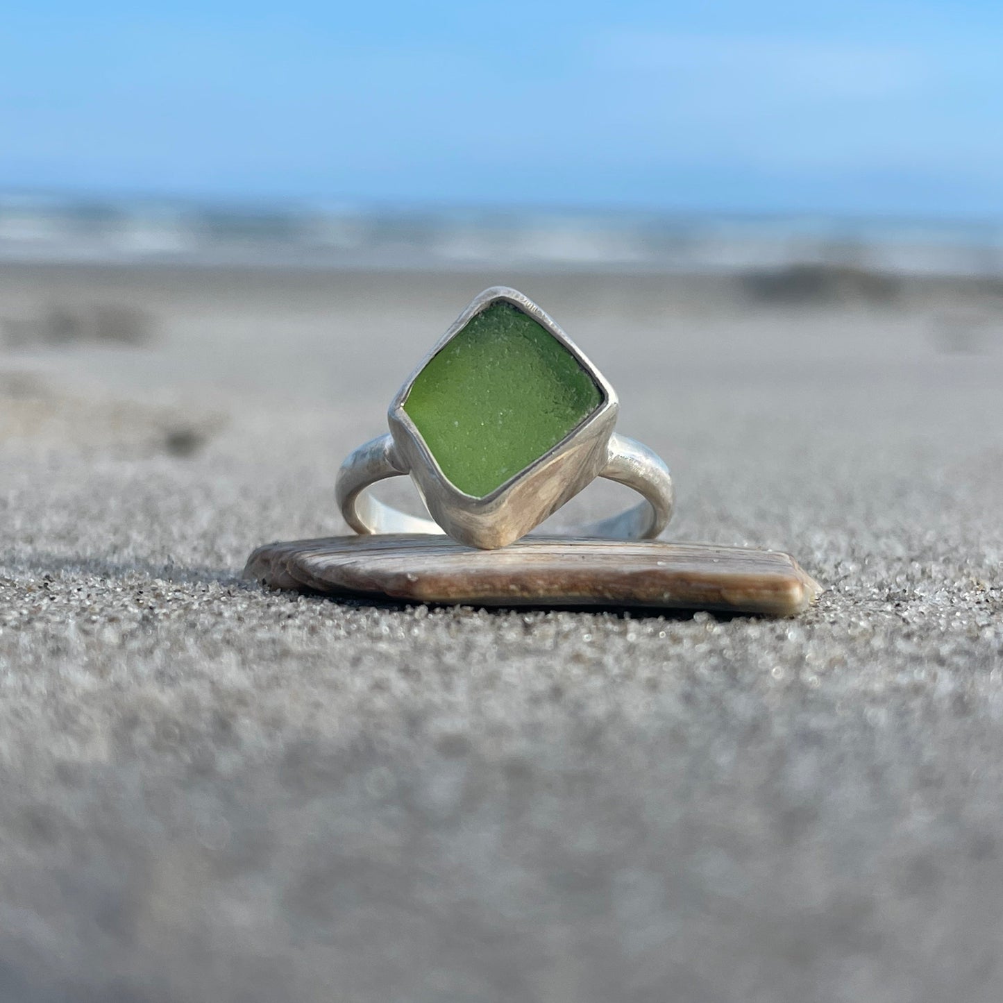 Lime Green Sea Glass Ring - Size 6