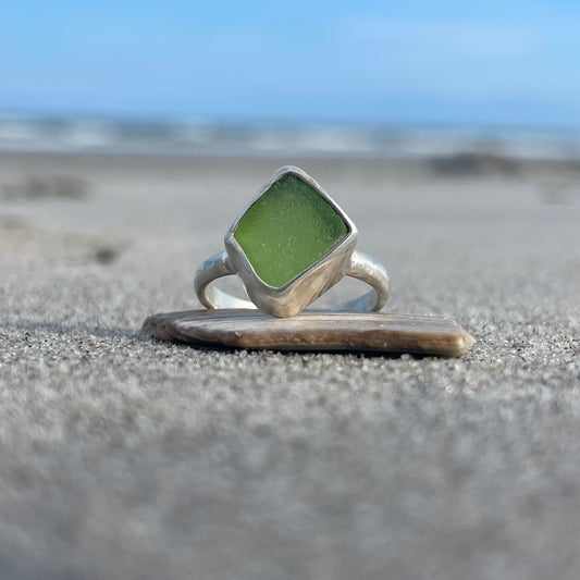 Lime Green Sea Glass Ring - Size 6