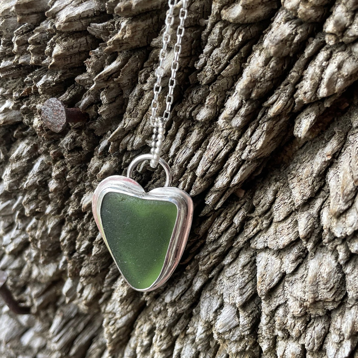 Moss Green Sea Glass Heart Necklace