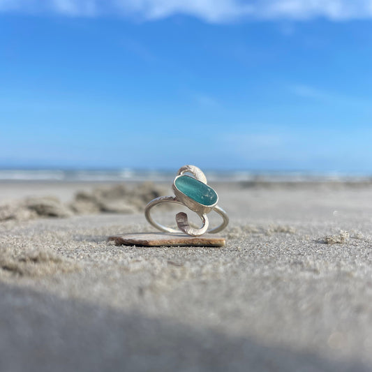 Teal Blue Sea Glass Ring - Size 10.5