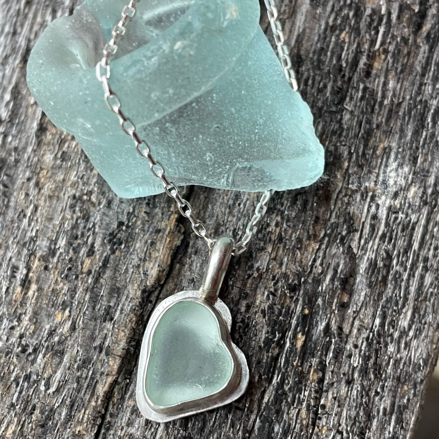 Sea Foam Blue Sea Glass Heart Necklace