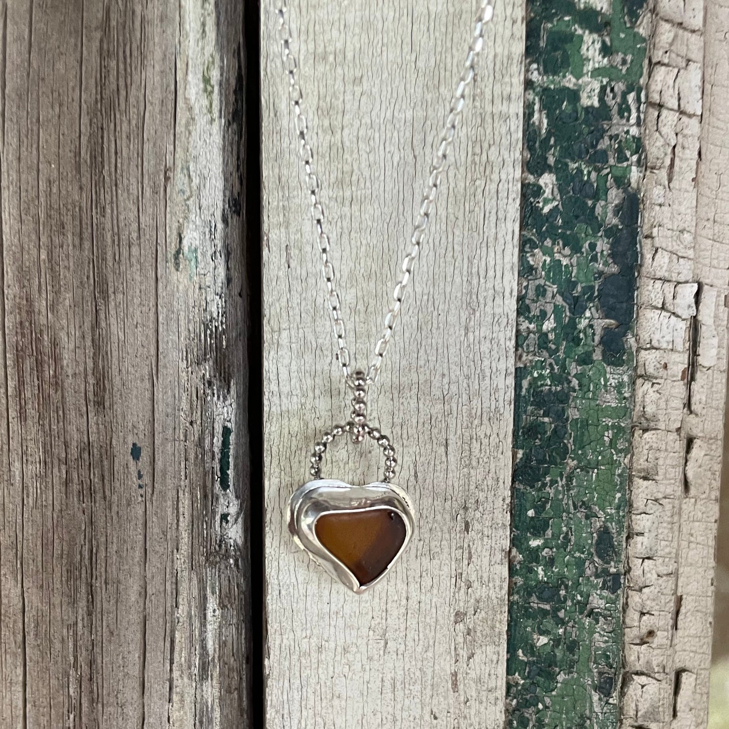 Amber Sea Glass Heart Necklace