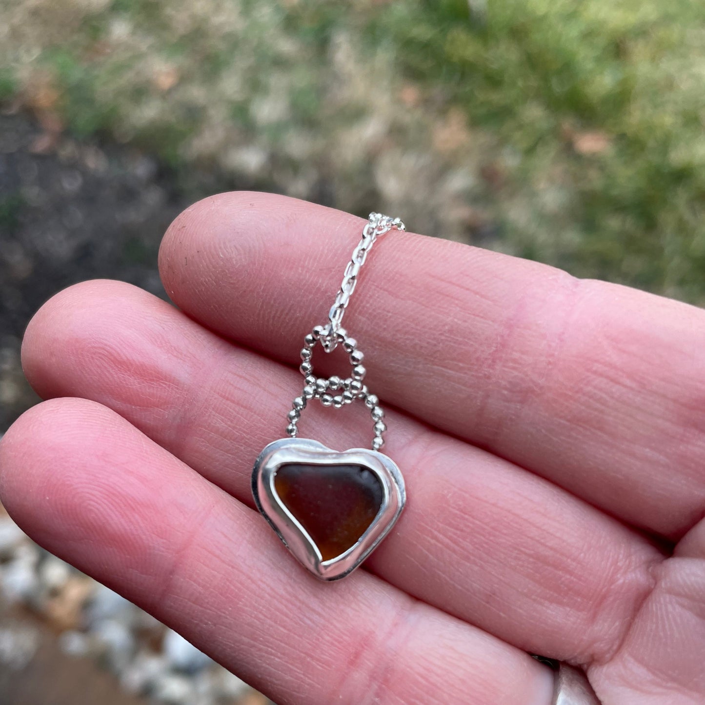 Amber Sea Glass Heart Necklace