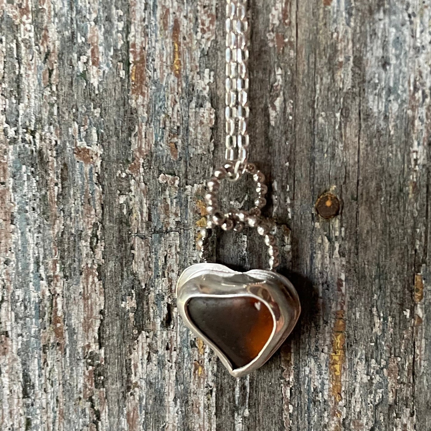 Amber Sea Glass Heart Necklace