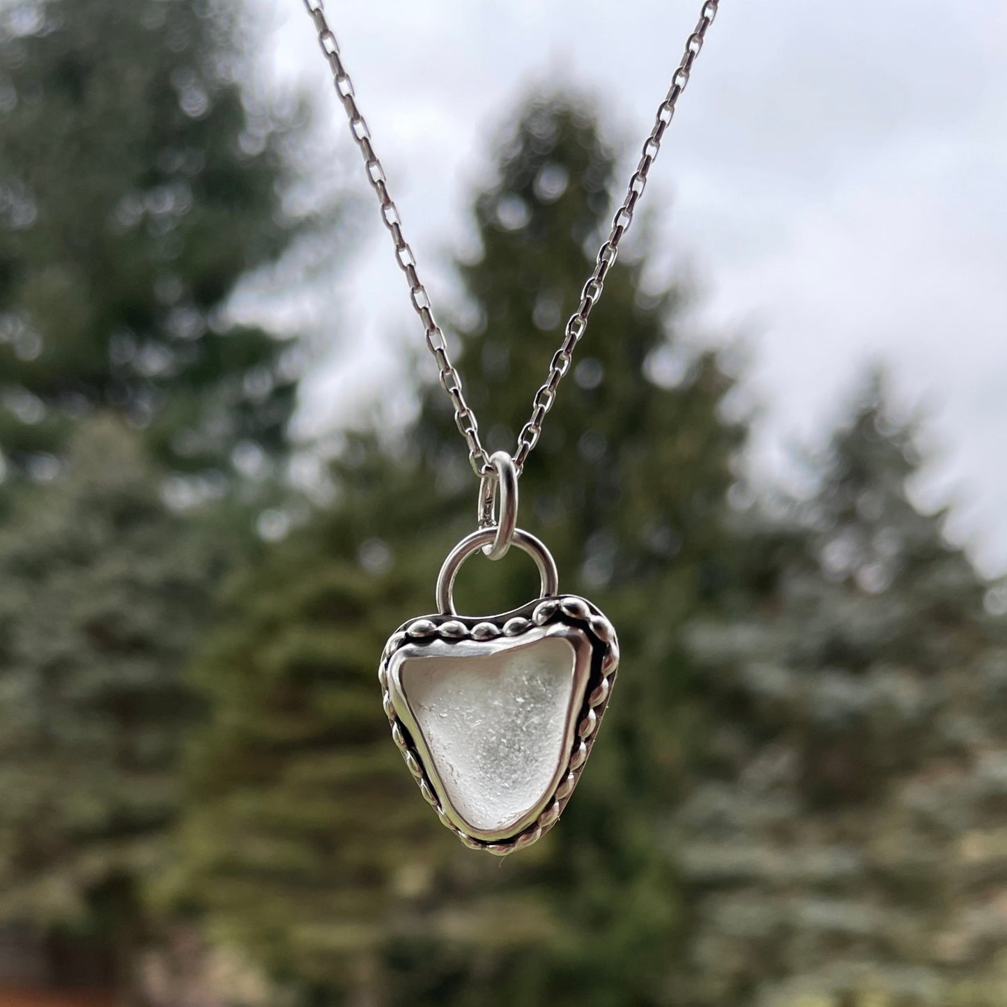 Frosty White Sea Glass Heart Necklace