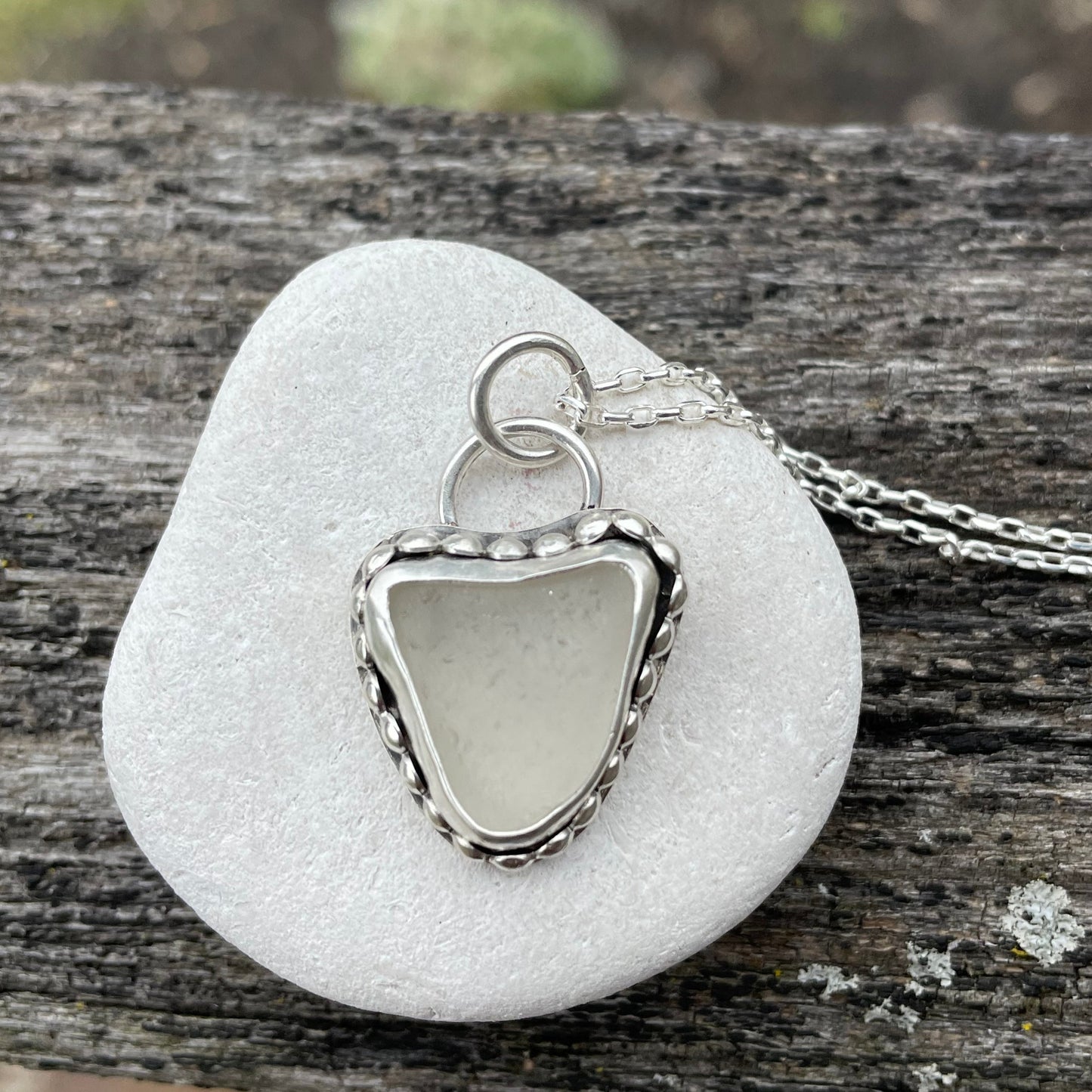 Frosty White Sea Glass Heart Necklace