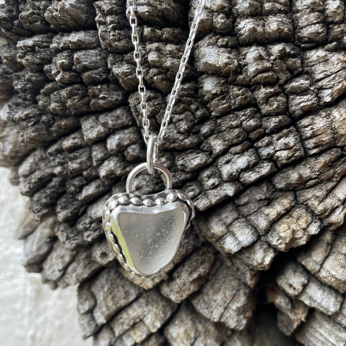 Frosty White Sea Glass Heart Necklace