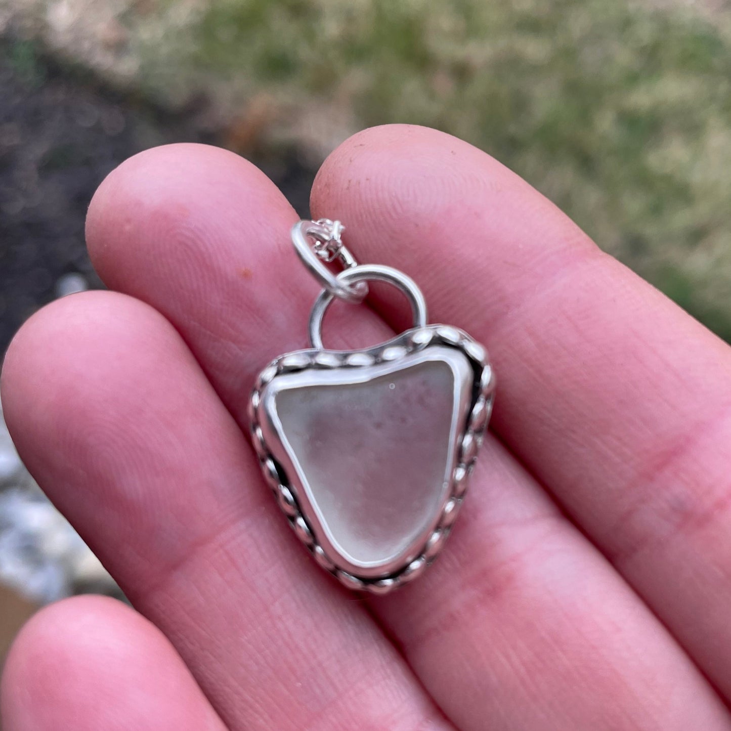 Frosty White Sea Glass Heart Necklace