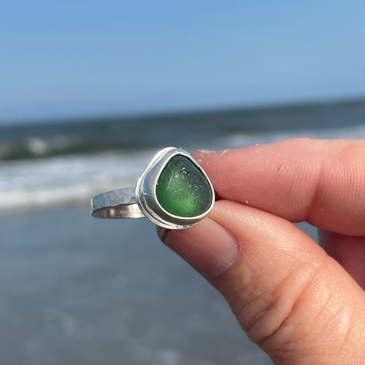 Dark Green Blue Sea Glass Ring - Size 9.75