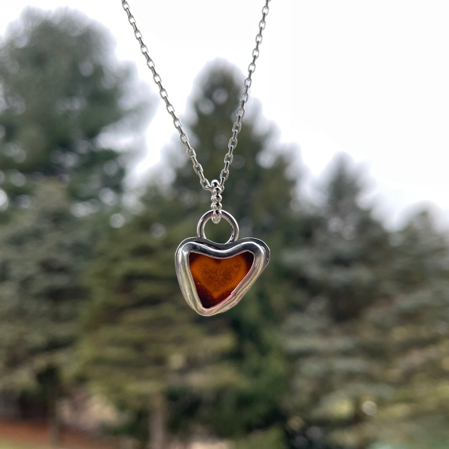 Amber Sea Glass Heart Necklace