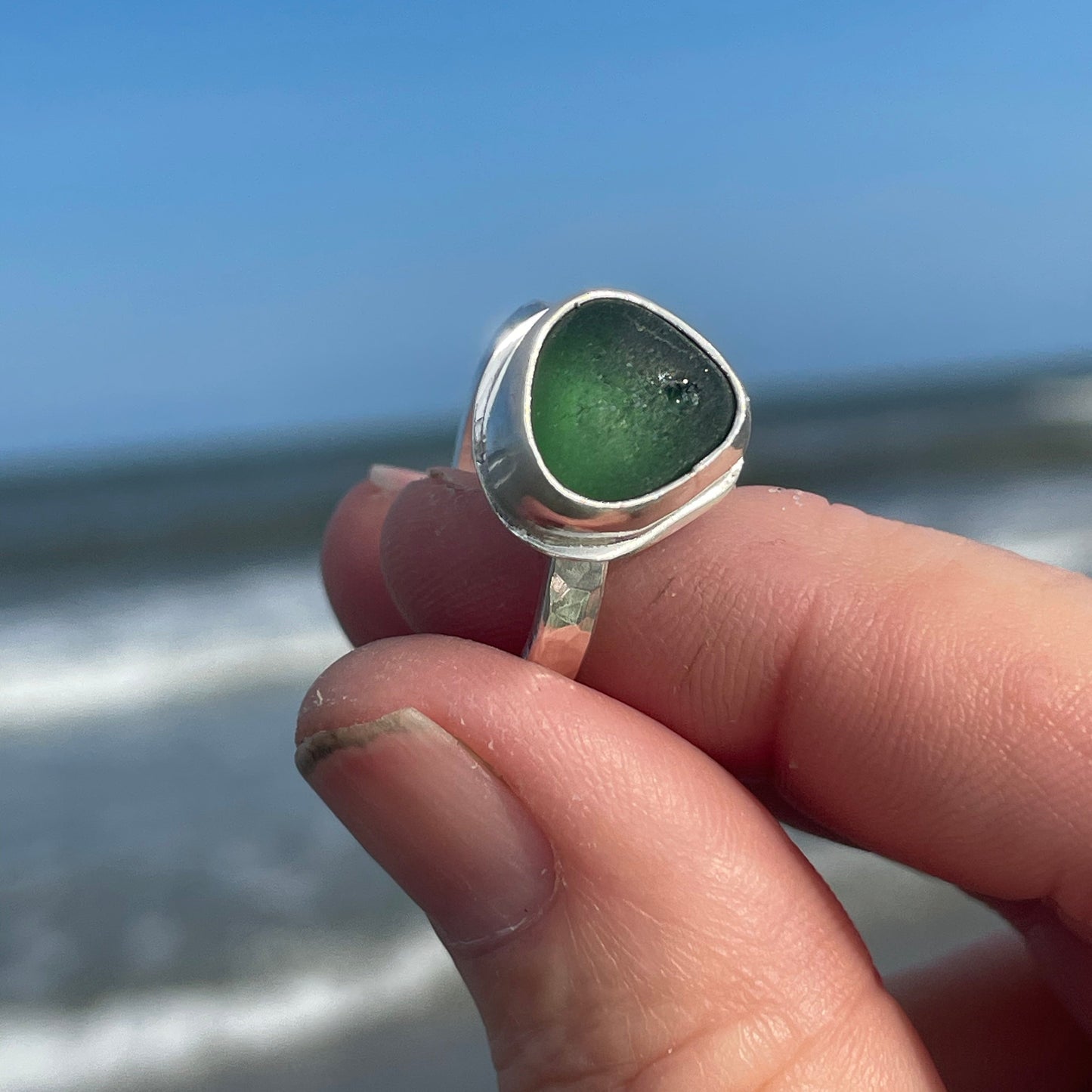 Dark Green Blue Sea Glass Ring - Size 9.75
