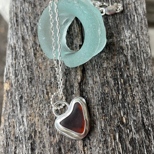 Amber Sea Glass Heart Necklace