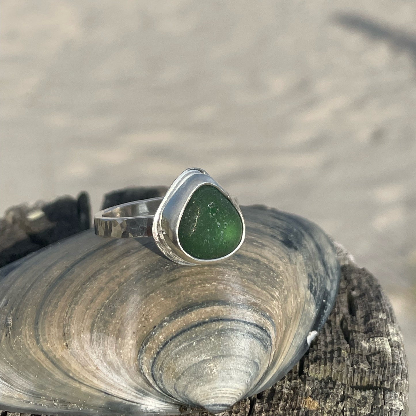 Dark Green Blue Sea Glass Ring - Size 9.75