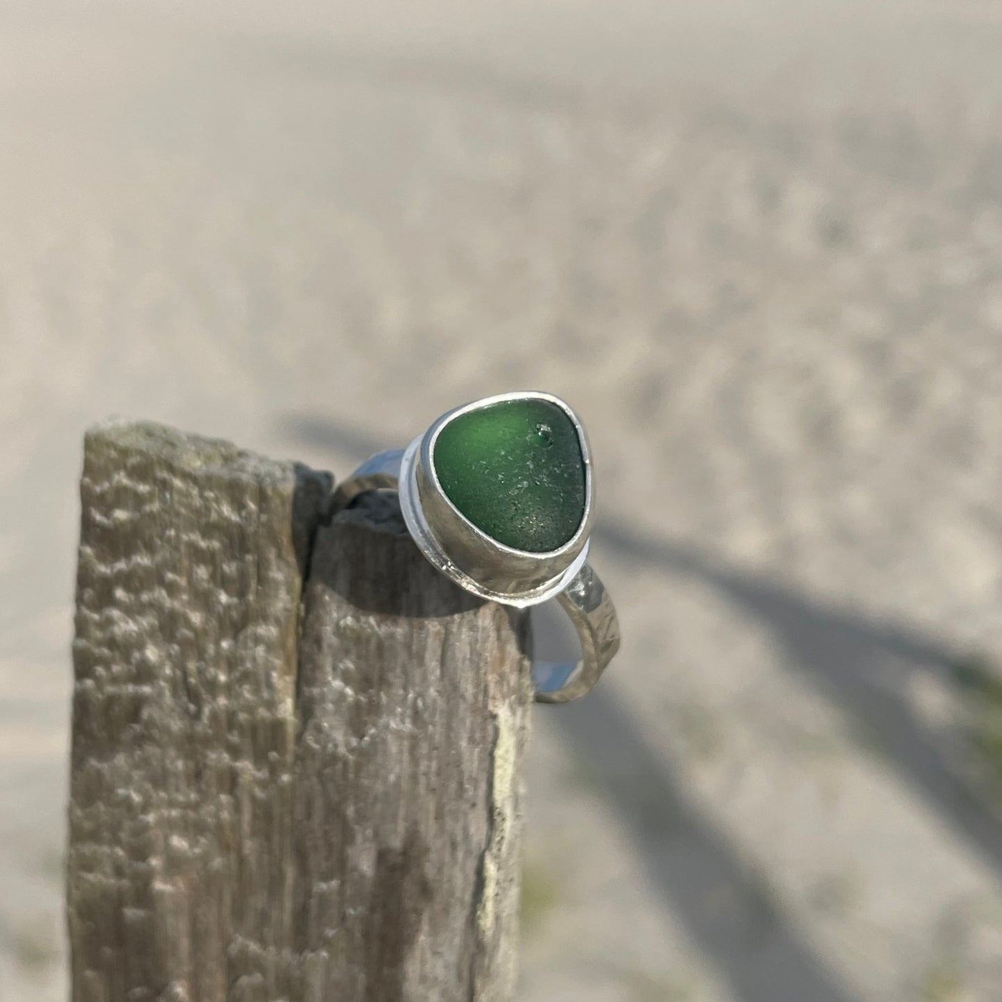 Dark Green Blue Sea Glass Ring - Size 9.75