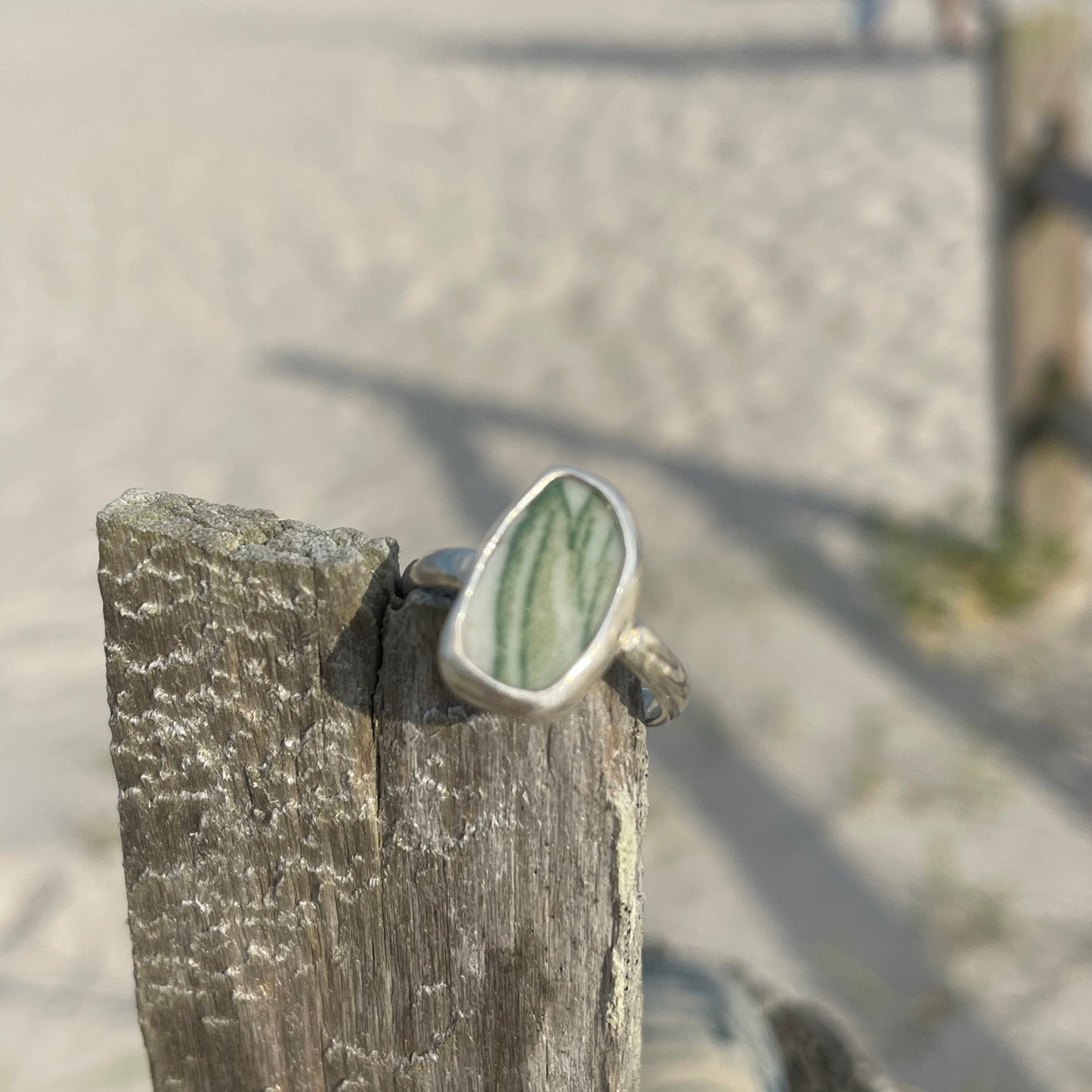 Leaf Green Sea Pottery Ring - Size 6