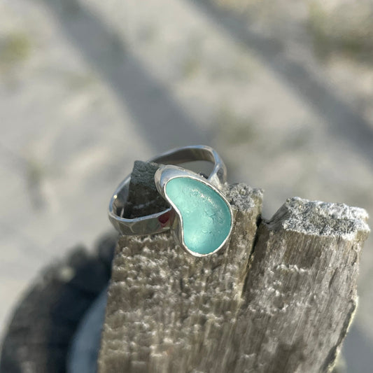 Teal Blue Sea Glass Ring -Size 5