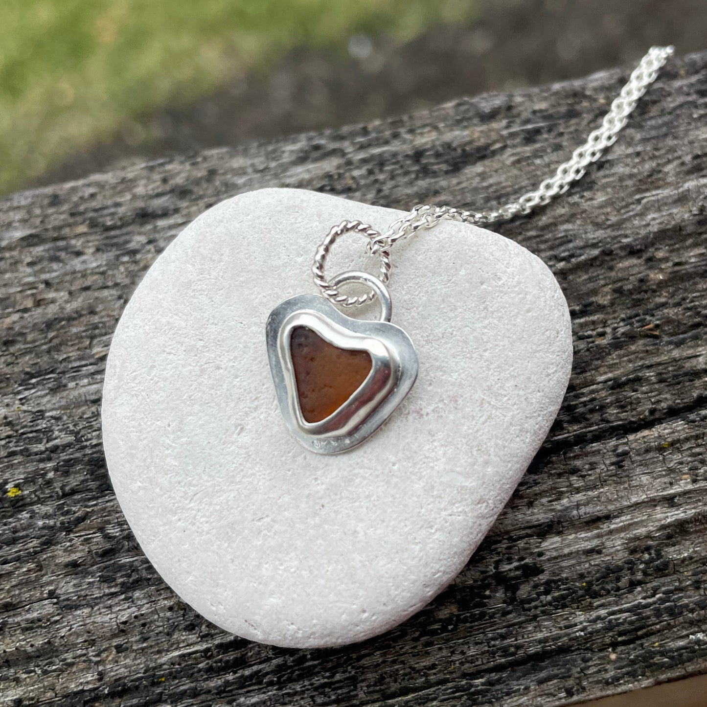 Amber Sea Glass Heart Necklace