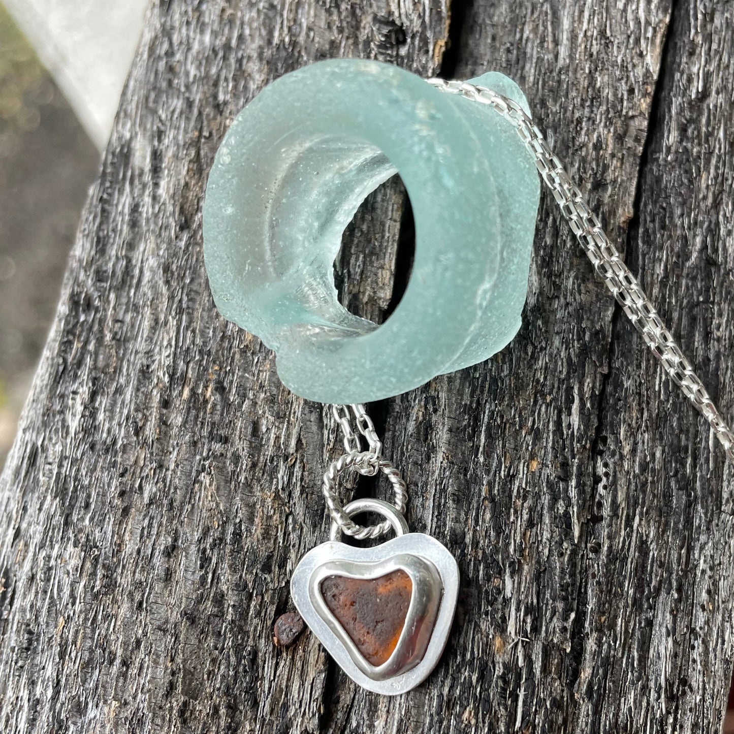 Amber Sea Glass Heart Necklace