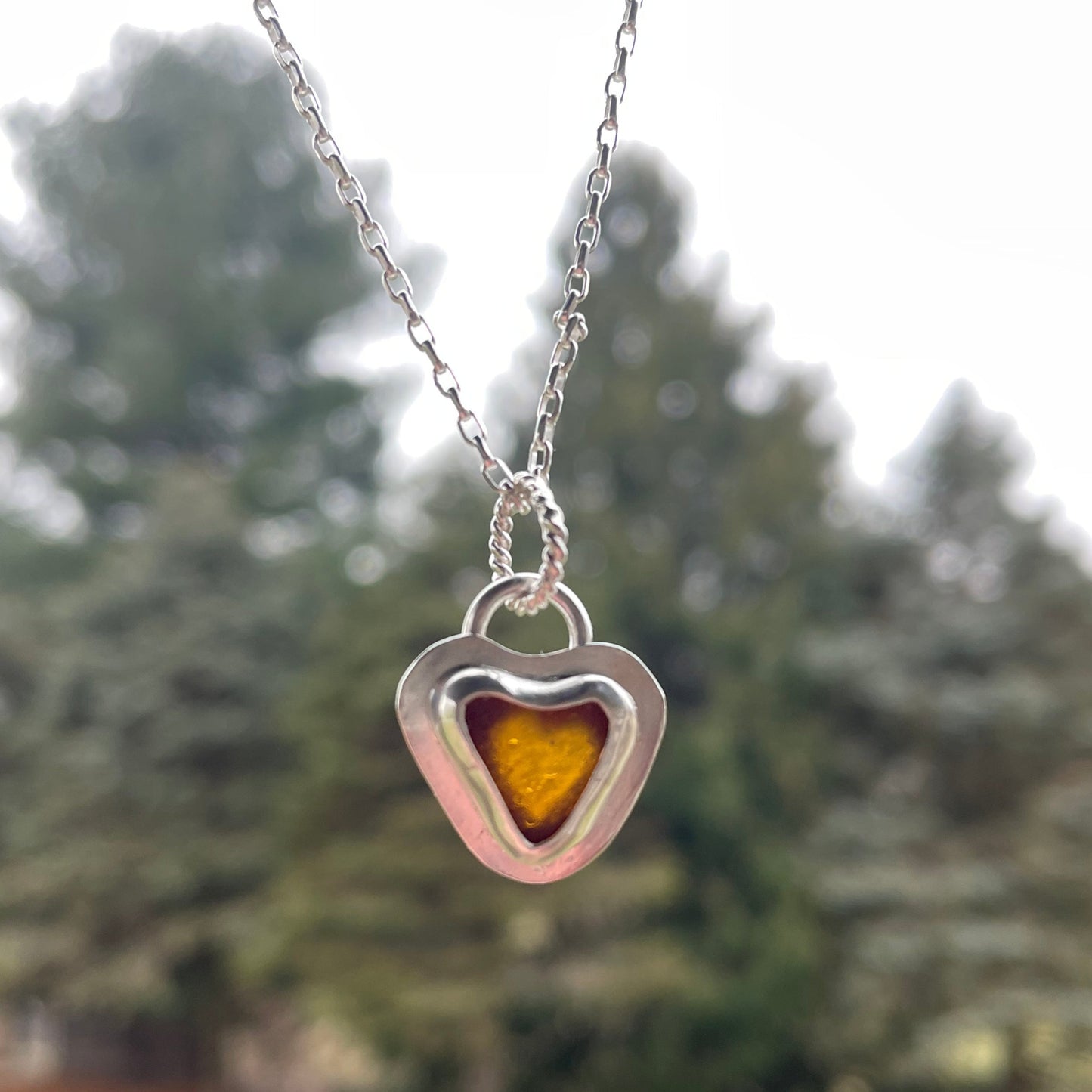 Amber Sea Glass Heart Necklace