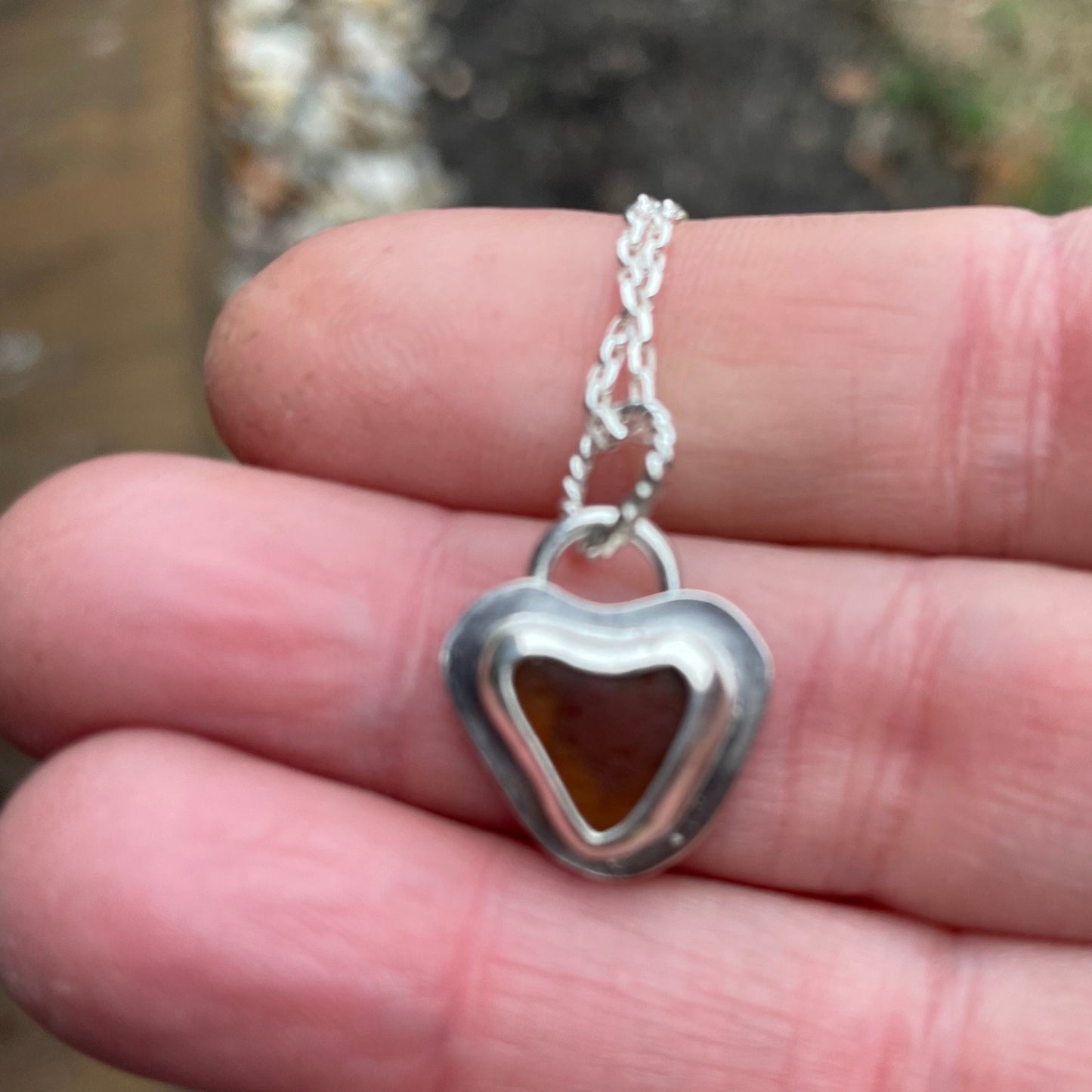 Amber Sea Glass Heart Necklace