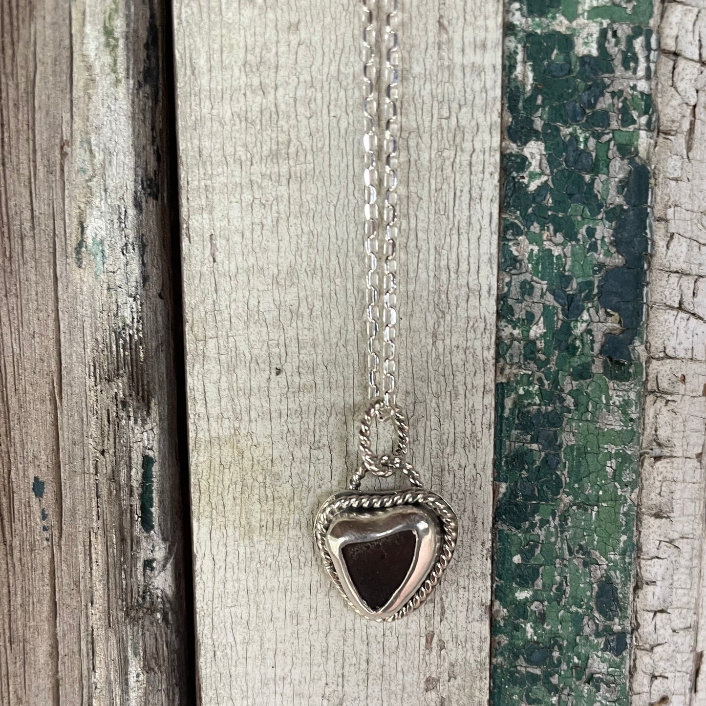 Dark Amber Sea Glass Heart Necklace