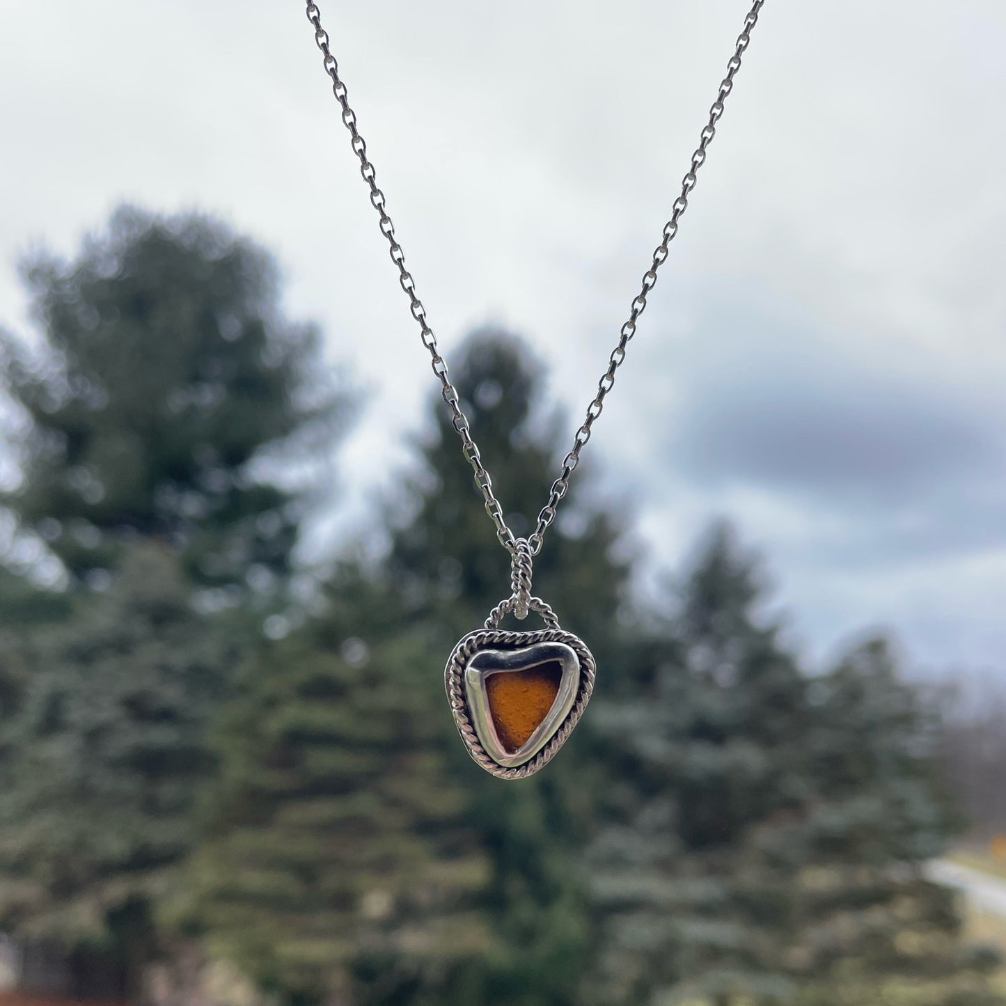 Dark Amber Sea Glass Heart Necklace