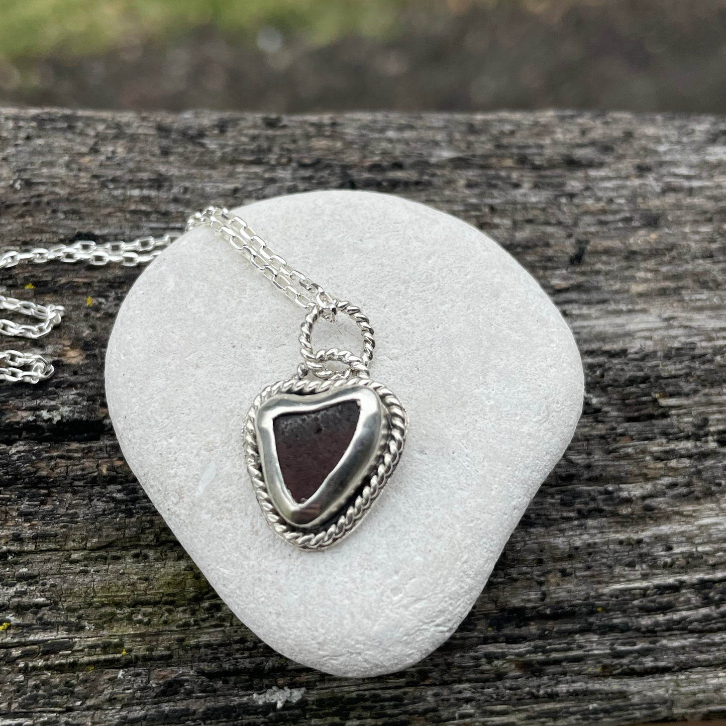 Dark Amber Sea Glass Heart Necklace