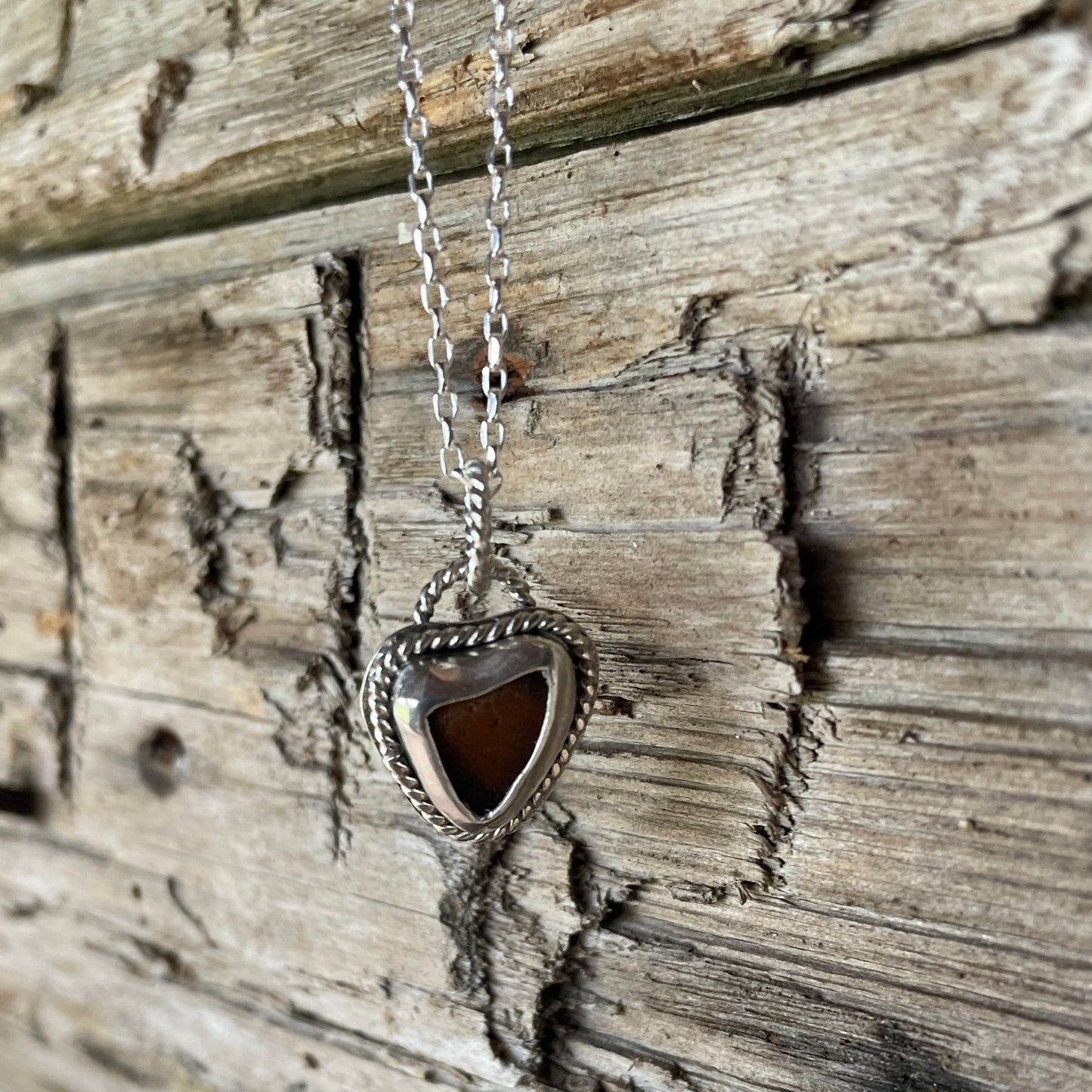 Dark Amber Sea Glass Heart Necklace