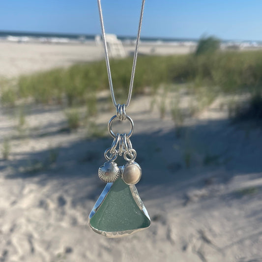 Light Teal Gray Charm & Shell Necklace