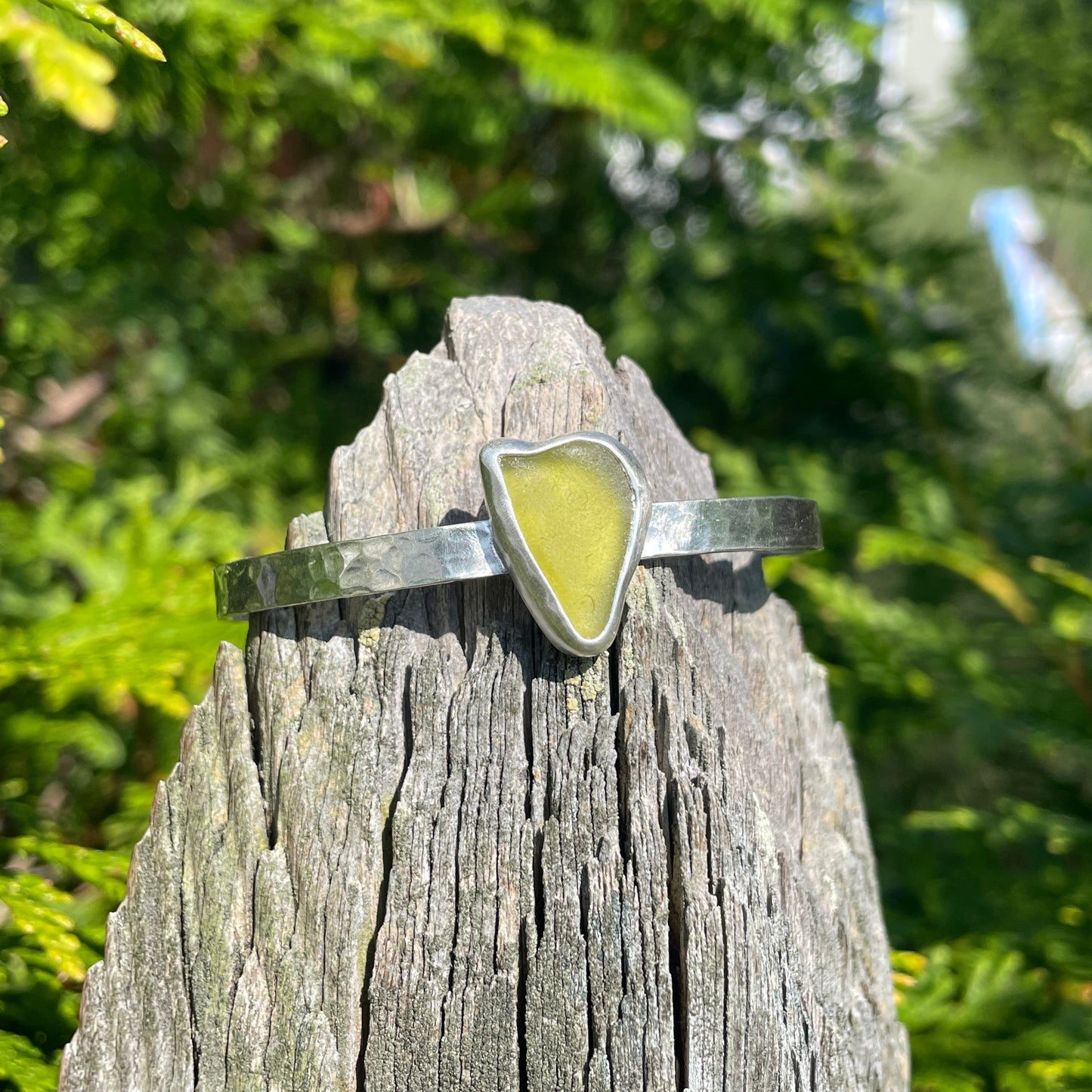 Olive Yellow Sea Glass Cuff Bracelet