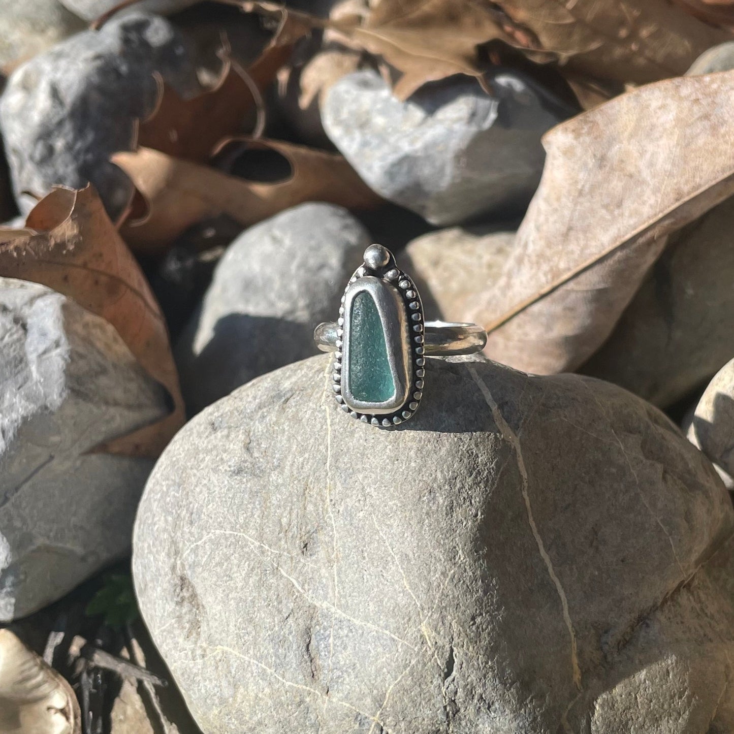 Beaded Teal Blue Sea Glass Ring - Size 7