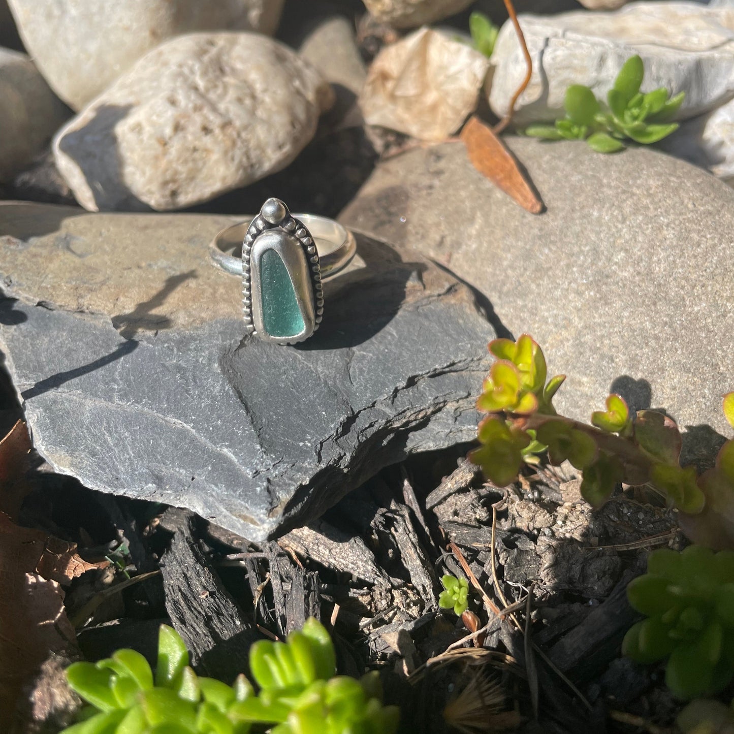 Beaded Teal Blue Sea Glass Ring - Size 7