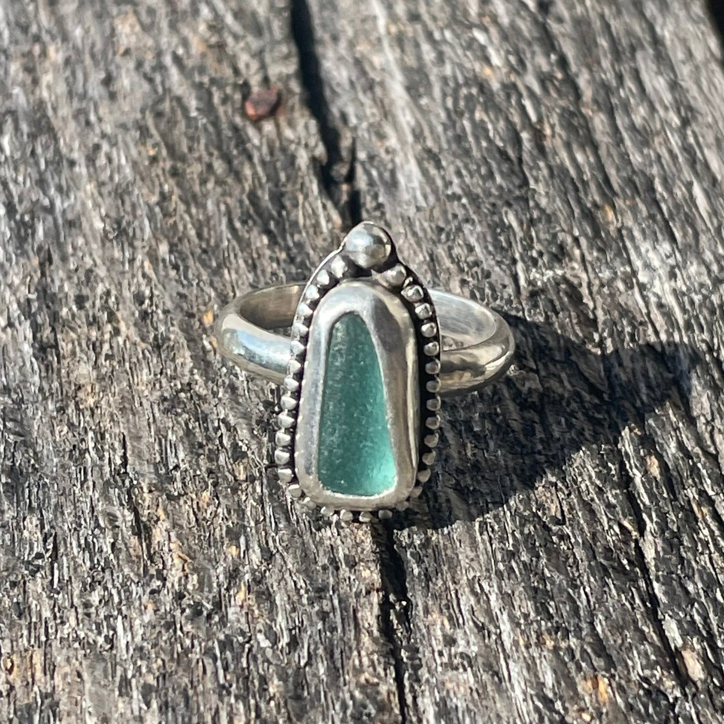 Beaded Teal Blue Sea Glass Ring - Size 7