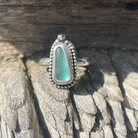 Beaded Teal Blue Sea Glass Ring - Size 7